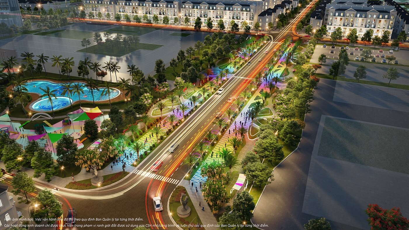 The avenue of light stretches along the Vinhomes Grand Park villa area
