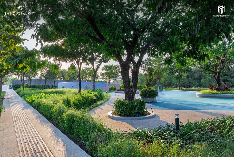 Green landscape of riverside park.