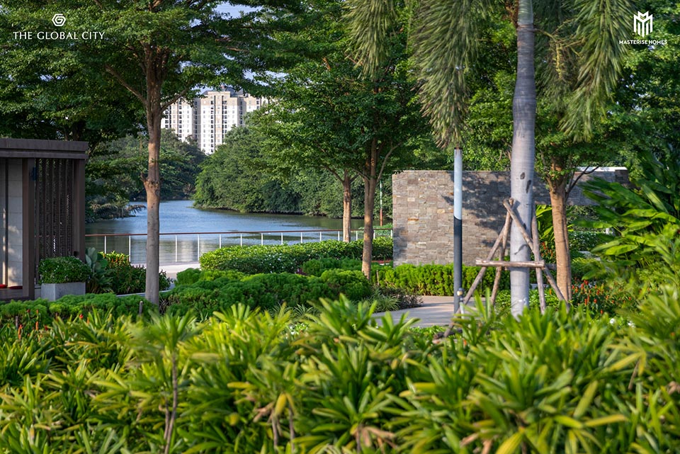 Green landscape of riverside park.