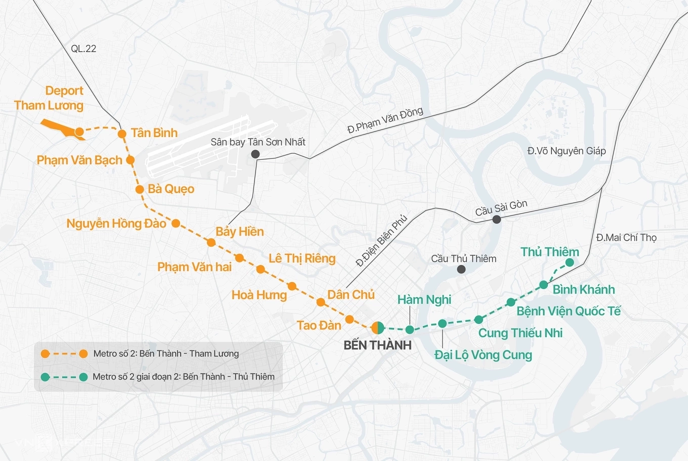 The proposed route for the two metro sections, Ben Thanh - Tham Luong and Ben Thanh - Thu Thiem. Graphic: Khanh Hoang