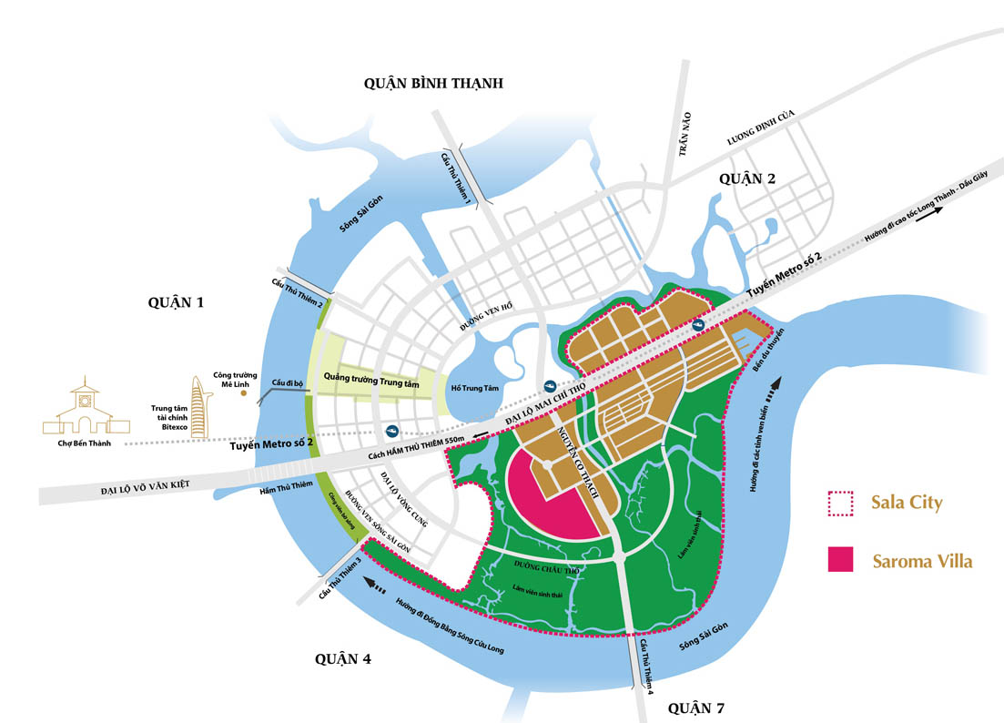 Sala villa project is the only ecological villa area in Thu Thiem urban area, less than 1 minutes from the center of District 5.