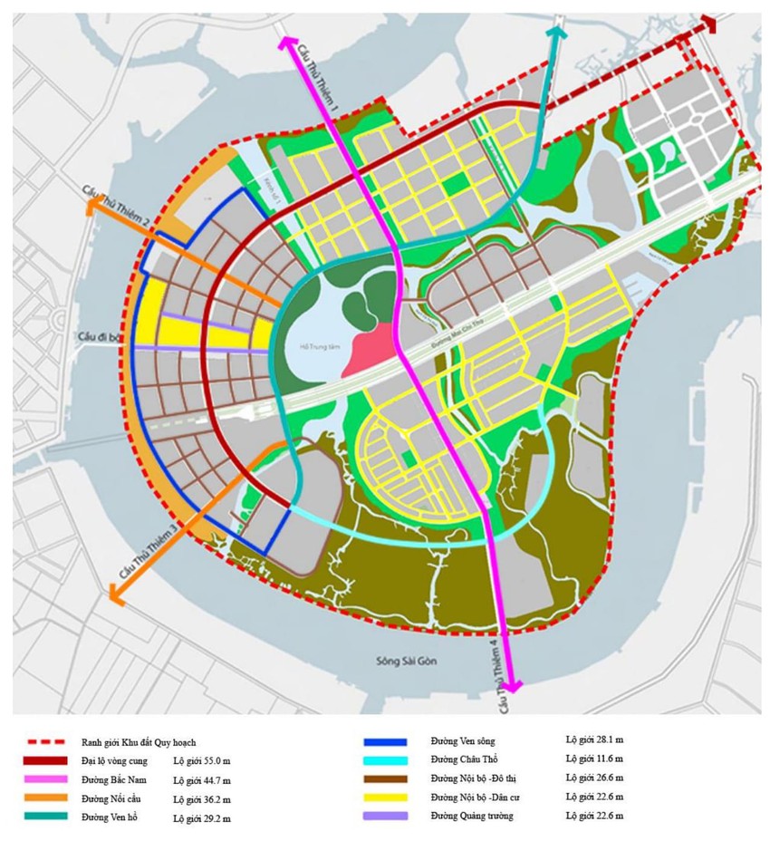 Road classification in Thu Thiem new urban area. You can clearly see the location of 4 Thu Thiem bridges connecting from the city center, plus a pedestrian bridge across the Saigon River.